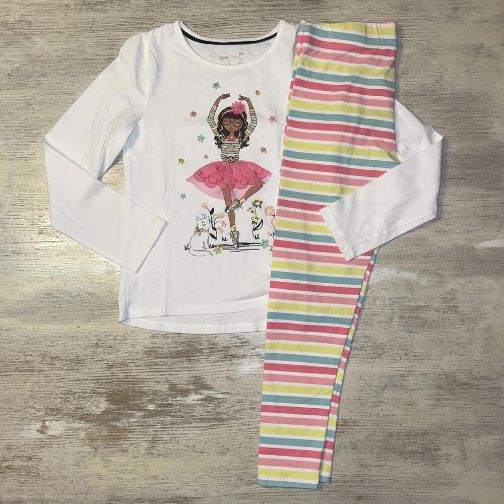 EUC Cynthia Rowley Ballerina With Cat Top Rainbow Leggings 7 8 Years